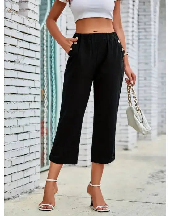 Kadın Beli Lastikli Düğme Ve Cep Detaylı Kapri Ithal Keten Pantolon