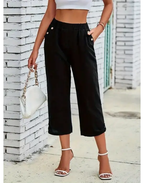 Kadın Beli Lastikli Düğme Ve Cep Detaylı Kapri Ithal Keten Pantolon