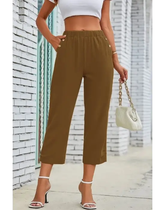 Kadın Beli Lastikli Düğme Ve Cep Detaylı Kapri Ithal Keten Pantolon