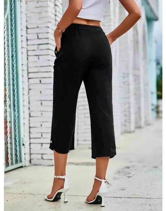 Kadın Beli Lastikli Düğme Ve Cep Detaylı Kapri Ithal Keten Pantolon