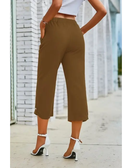 Kadın Beli Lastikli Düğme Ve Cep Detaylı Kapri Ithal Keten Pantolon