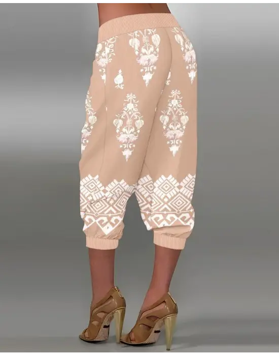Kadın Beli Lastikli Etnik Desenli Kapri Süprem Pantolon