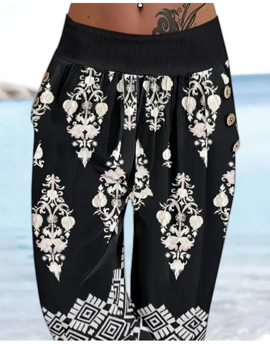 Omarı Etnik Desenli Beli Lastikli Kapri Pantolon