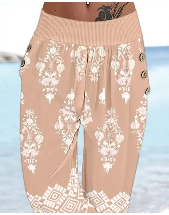 Kadın Beli Lastikli Etnik Desenli Kapri Süprem Pantolon