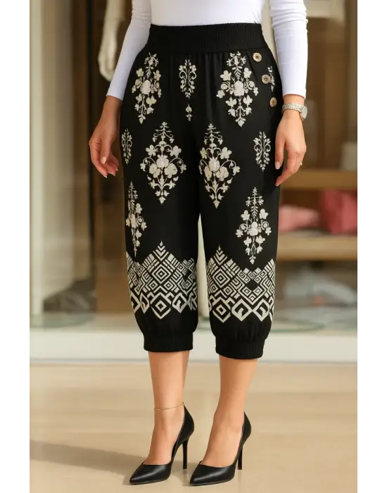 Kadın Beli Lastikli Etnik Desenli Kapri Süprem Pantolon