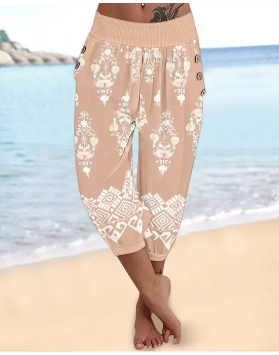 Kadın Beli Lastikli Etnik Desenli Kapri Süprem Pantolon