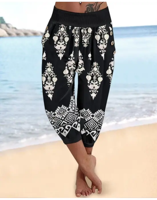 Omarı Etnik Desenli Beli Lastikli Kapri Pantolon