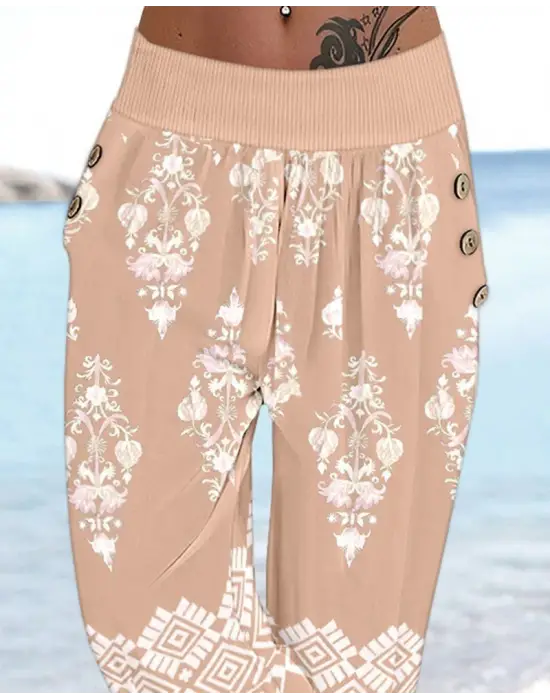 Kadın Beli Lastikli Etnik Desenli Kapri Süprem Pantolon