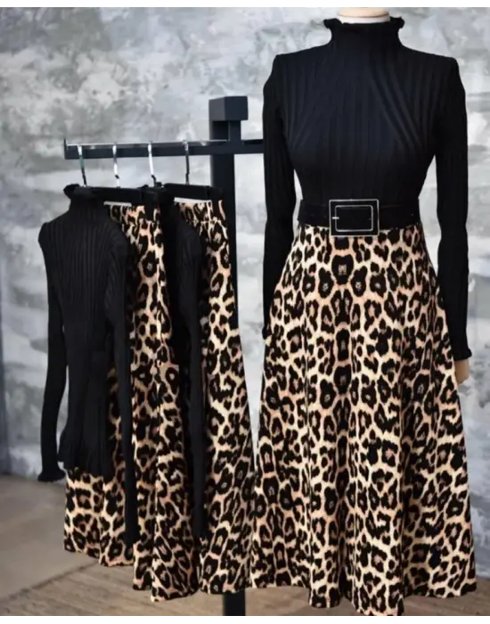 Kadın Beli Lastikli Leopar Desenli Krep Kumaş Efsane Etek Kemersiz