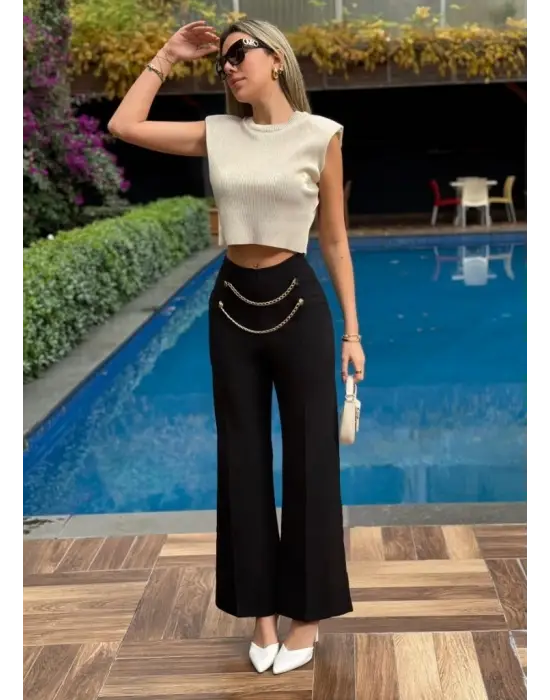 Kadın Beli Zincir Detay Ithal Krep Pantolon