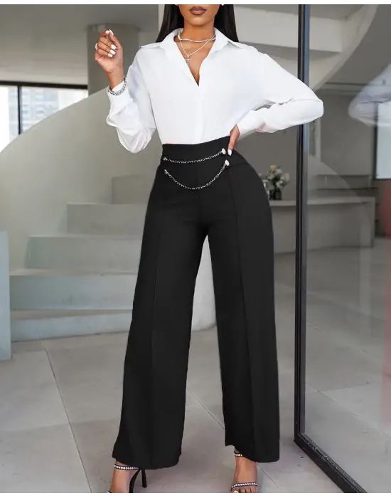 Kadın Beli Zincir Detaygeniş Paça Ithal Krep Pantolon