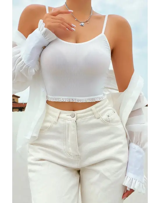 Omarı Dantel Detaylı Şık Beyaz Gecelik Takım