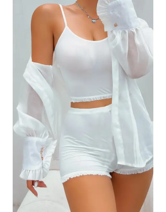 Omarı Dantel Detaylı Şık Beyaz Gecelik Takım