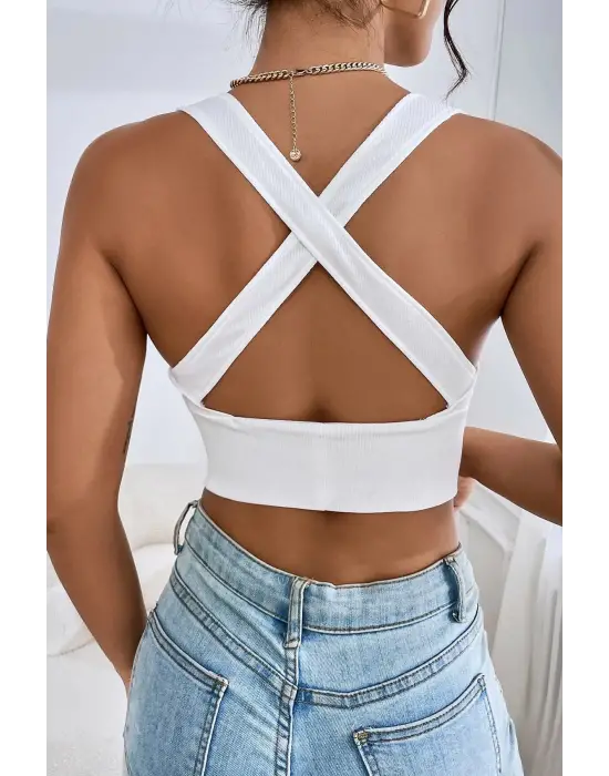 Omarı Sırt Detaylı Siyah Çapraz Crop Top