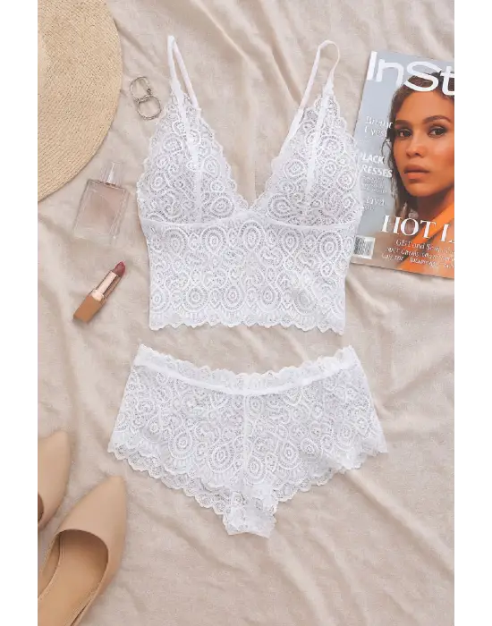 Kadın Beyaz Dantel Bralet Şort Takımı – Romantik ve Zarif İç Giyim