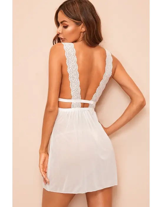 Omarı Beyaz Dantelli Sırtı Açık Gecelik Modası