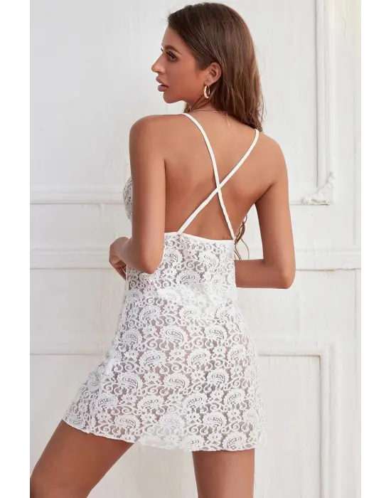 Kadın Beyaz Fırfırlı Tül Detaylı Sırtı Çapraz Ve Açık Komple Dantel Gecelik