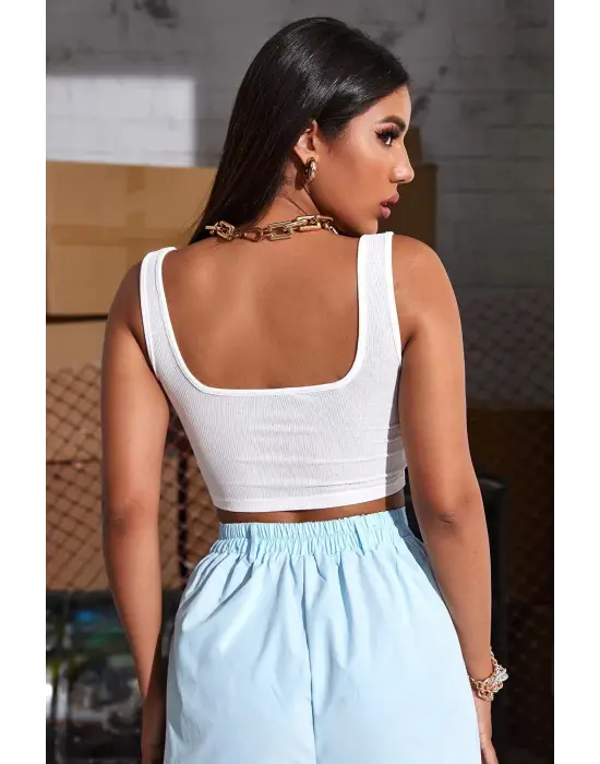 Omarı Beyaz Kalın Askılı Crop Top Büstiyer - Yazın Şıklığına Adım Atın!