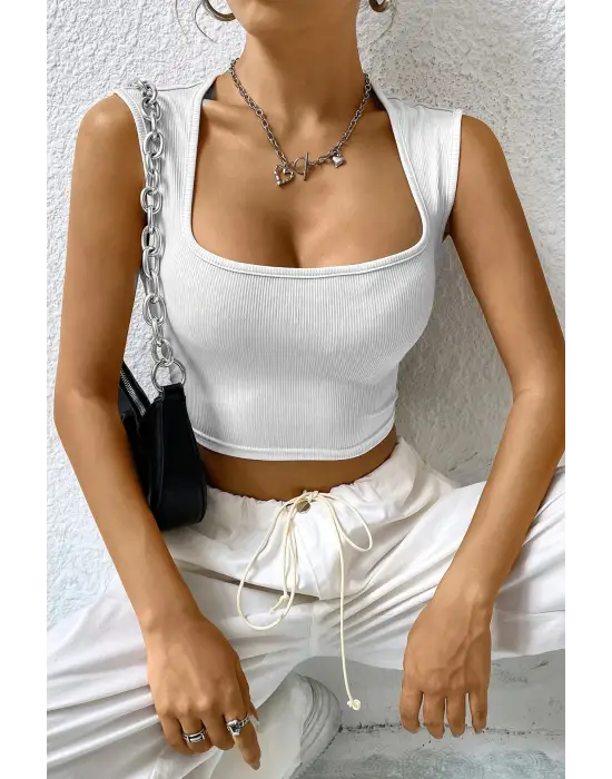 Omarı Beyaz Kare Yaka Kalın Omuz Detaylı Crop Top Bluz