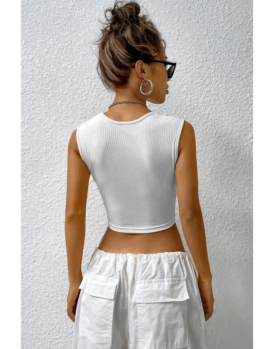 Omarı Beyaz Kare Yaka Kalın Omuz Detaylı Crop Top Bluz