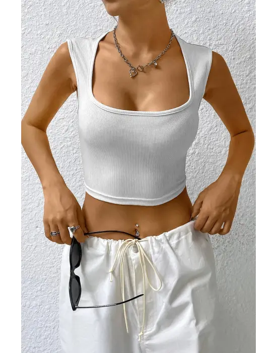 Omarı Beyaz Kare Yaka Kalın Omuz Detaylı Crop Top Bluz