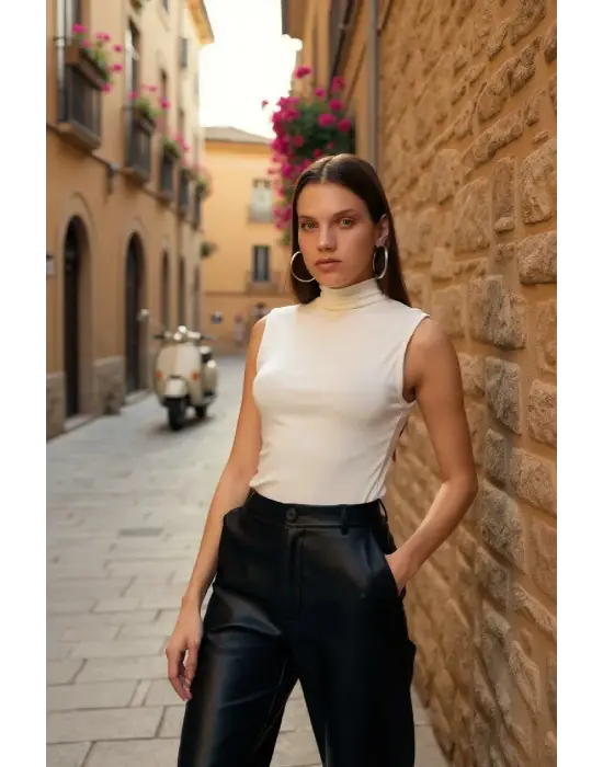 Kadın Beyaz Kolsuz Balıkçı Yaka Basic Bluz