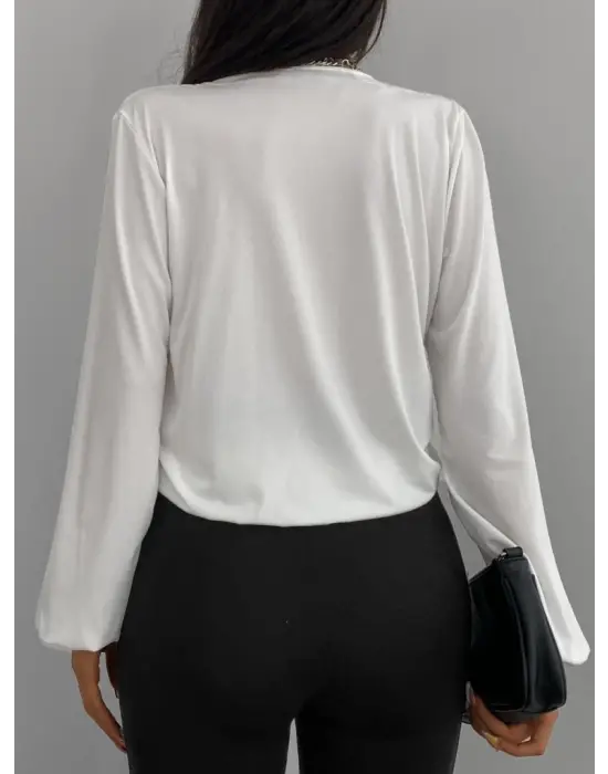 Kadın Beyaz Kruvaze Yaka Sandy Bluz