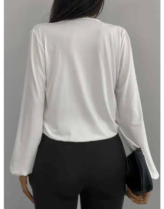 Kadın Beyaz Kruvaze Yaka Sandy Bluz
