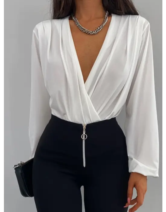 Kadın Beyaz Kruvaze Yaka Sandy Bluz