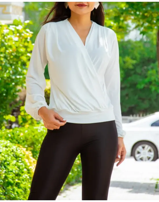 Kadın Beyaz Kruvaze Yaka Sandy Bluz
