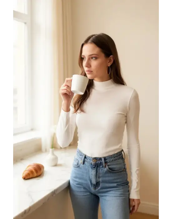 Kadın Beyaz Parmak Detaylı Esnek Uzun Kollu Body