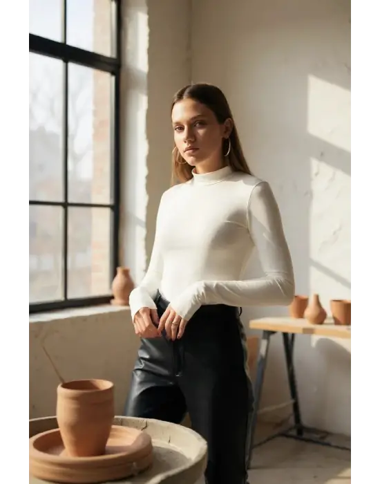 Kadın Beyaz Parmak Detaylı Esnek Uzun Kollu Body