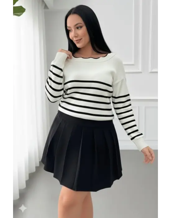 Kadın Beyaz Sırt Bağlama Detaylı çizgi Desen Triko Bluz