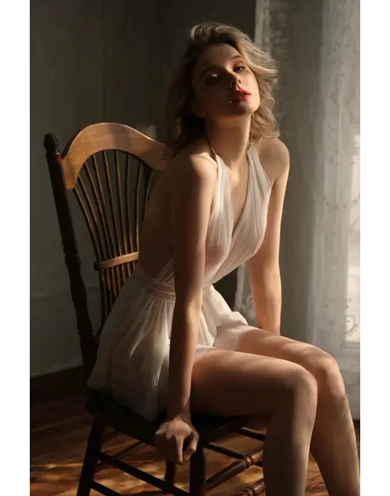 Omarı Beyaz Dantelli Sırtı Açık Gecelik Takım