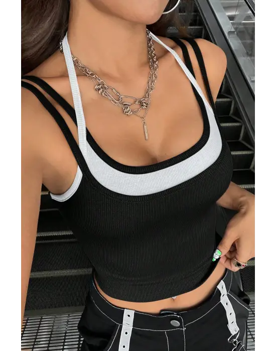 Omarı Etkileyici Renkli Çapraz Askılı Crop Top Bluz