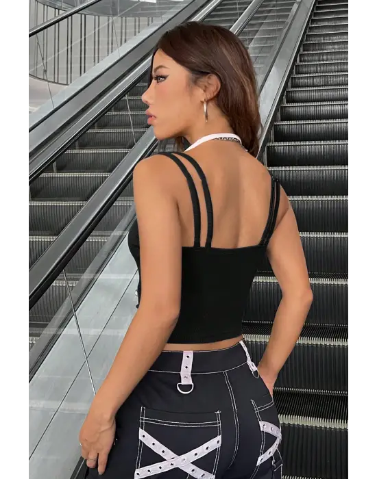 Omarı Etkileyici Renkli Çapraz Askılı Crop Top Bluz