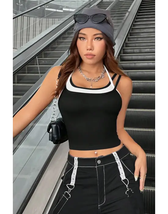 Omarı Etkileyici Renkli Çapraz Askılı Crop Top Bluz