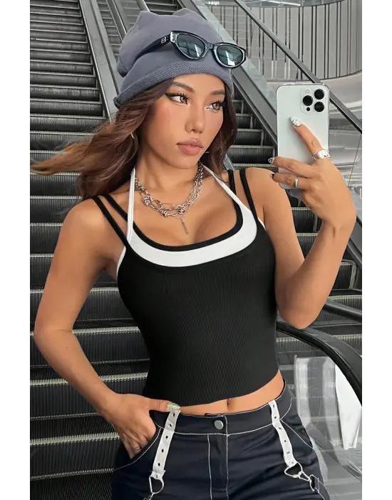 Omarı Etkileyici Renkli Çapraz Askılı Crop Top Bluz