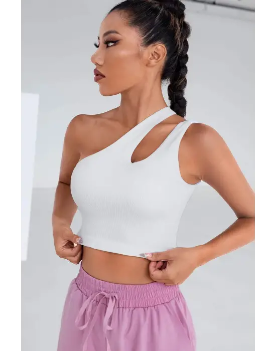 Omarı Tek Omuz Detaylı Beyaz Crop Top Bluz
