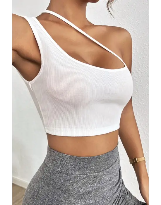 Omarı Şık Beyaz Tek Omuzlu Çapraz Askılı Crop Top
