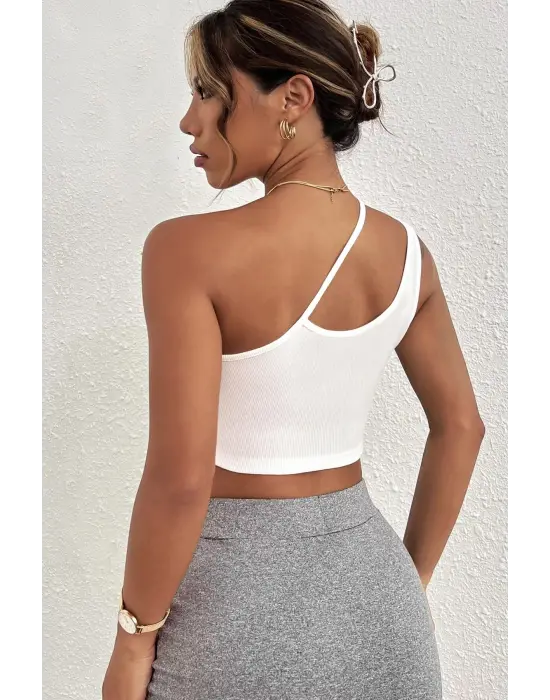 Omarı Şık Beyaz Tek Omuzlu Çapraz Askılı Crop Top