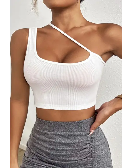 Omarı Şık Beyaz Tek Omuzlu Çapraz Askılı Crop Top