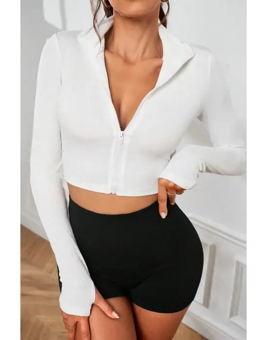 Omarı Fermuar Detaylı Uzun Kol Crop Top Bluz