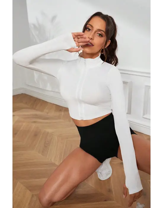 Omarı Fermuar Detaylı Uzun Kol Crop Top Bluz