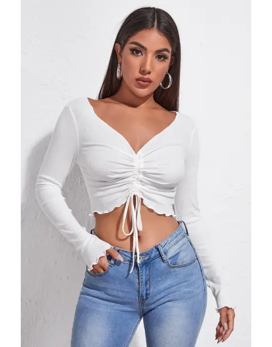 Omarı Beyaz Kadın Uzun Kollu Crop Top Bluz