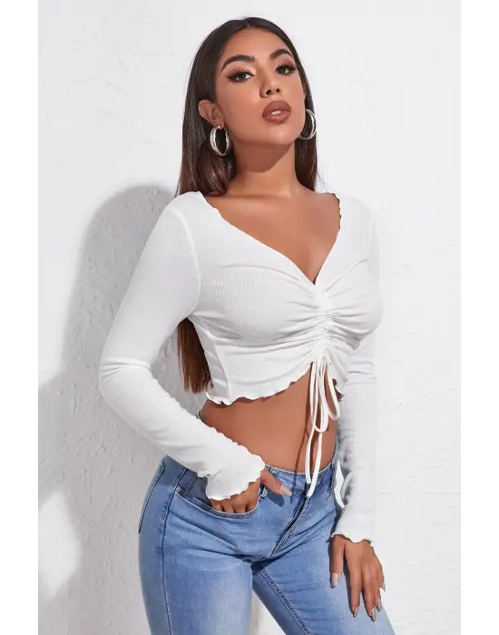 Omarı Beyaz Kadın Uzun Kollu Crop Top Bluz