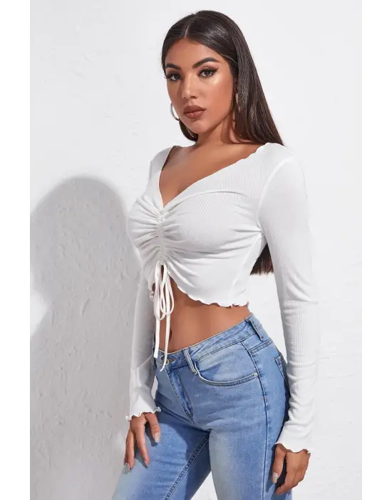 Omarı Beyaz Kadın Uzun Kollu Crop Top Bluz
