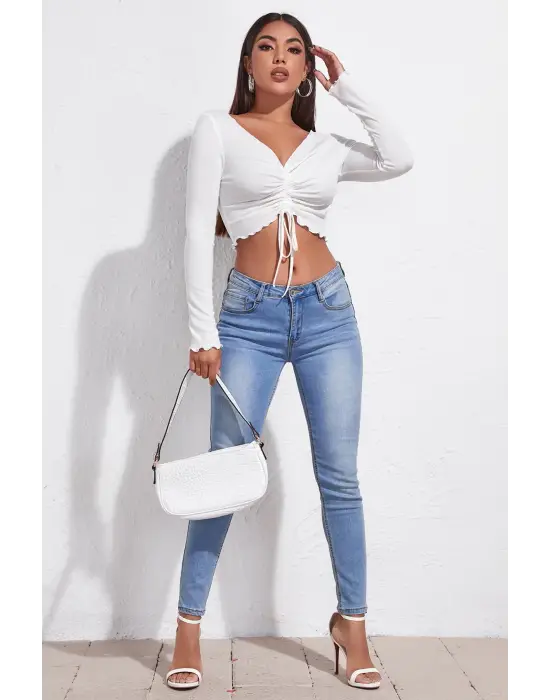 Omarı Beyaz Kadın Uzun Kollu Crop Top Bluz