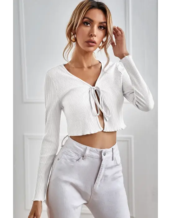 Omarı Beyaz Uzun Kollu Bağlama Detaylı Crop Top Bluz