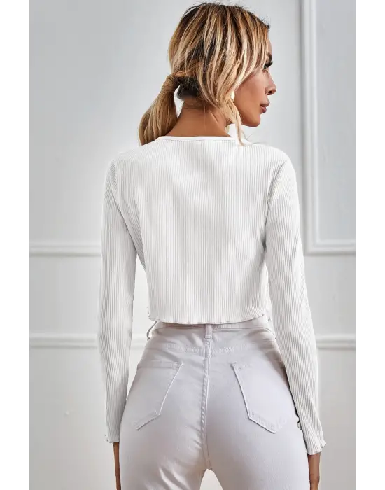 Omarı Beyaz Uzun Kollu Bağlama Detaylı Crop Top Bluz